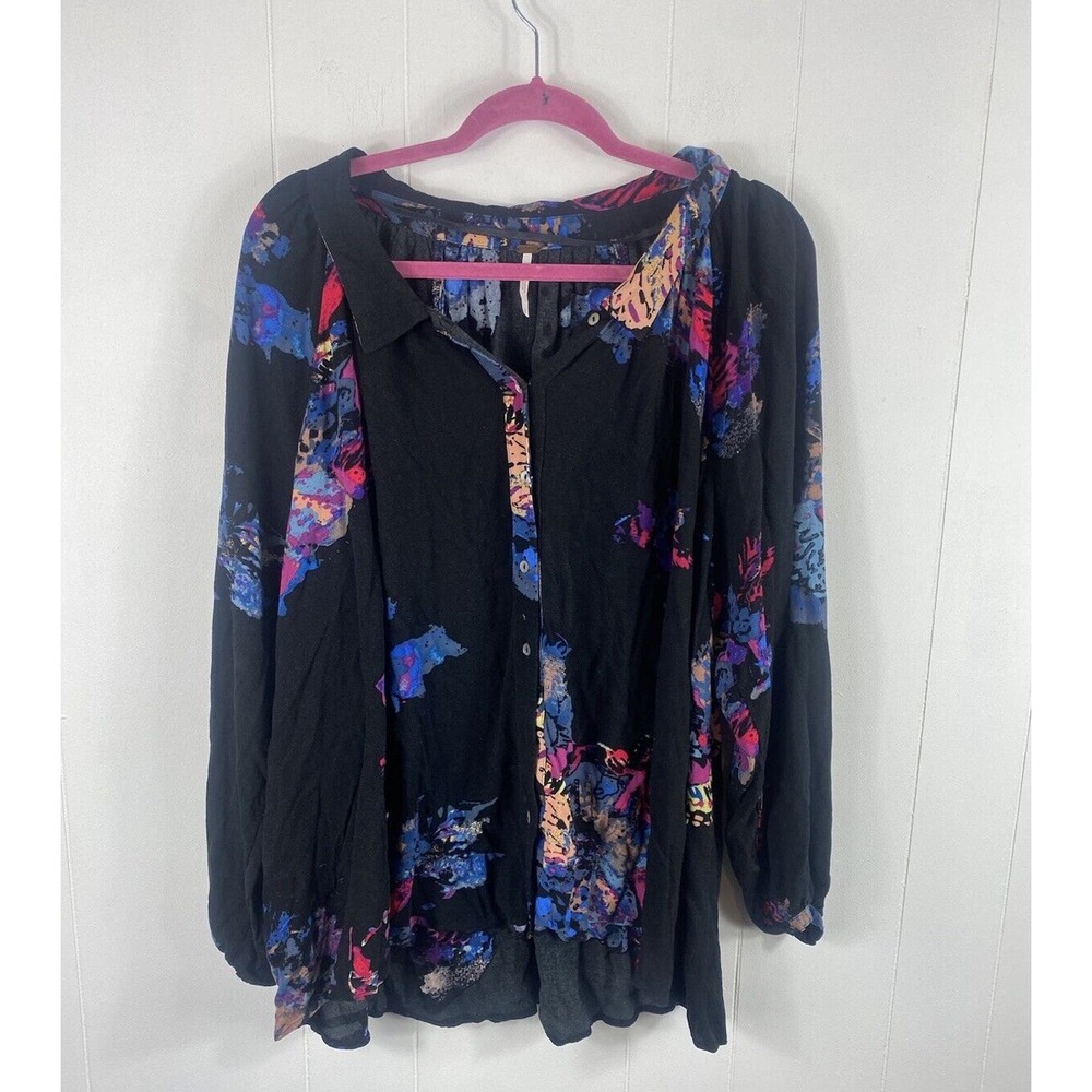 Free People Womens S Black Floral Top Oversized Button Front Fairy Whimisgoth